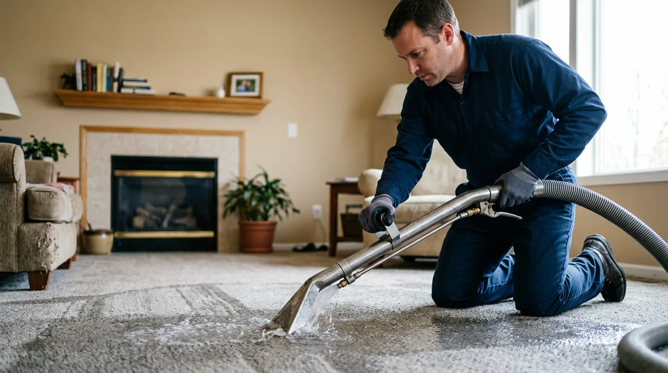 Water damage restoration technician working near Rhodes, MI